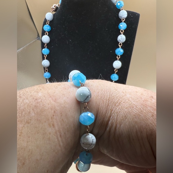 Maria Nicola Howlite & Turquoise Crystal Link Necklace Bracelet Rose Gold Set - Picture 3 of 3
